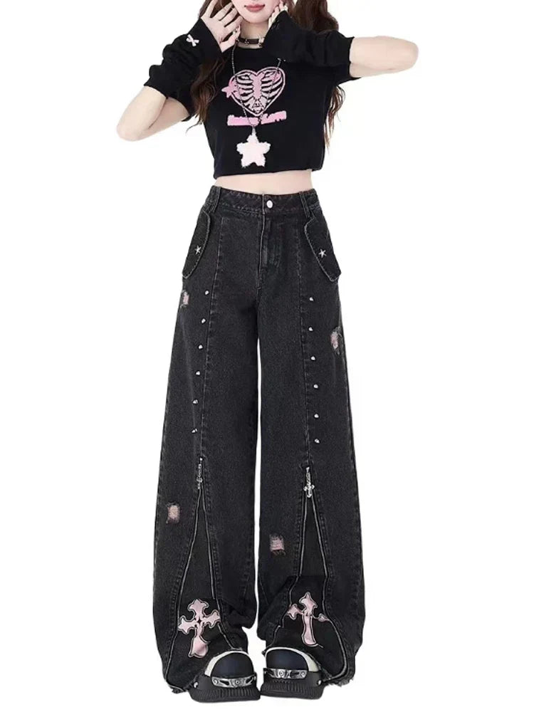 Grunge Cross Zip-Up Jeans