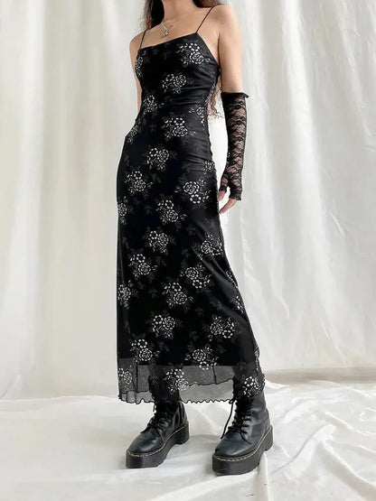 Floral Print Mesh Spaghetti Strap Lettuce Hem Maxi Dress