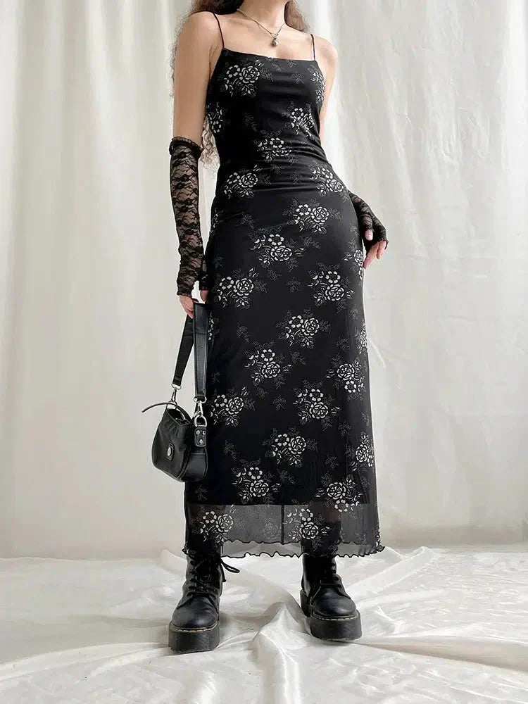 Floral Print Mesh Spaghetti Strap Lettuce Hem Maxi Dress