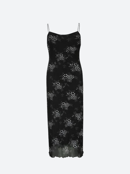 Floral Print Mesh Spaghetti Strap Lettuce Hem Maxi Dress