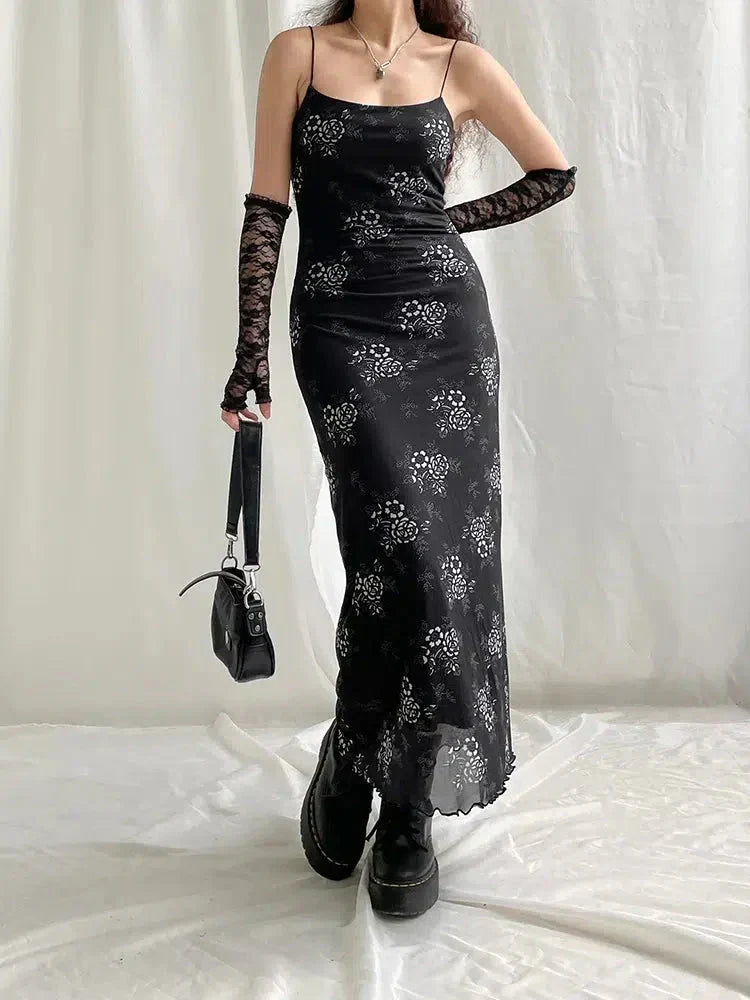Floral Print Mesh Spaghetti Strap Lettuce Hem Maxi Dress