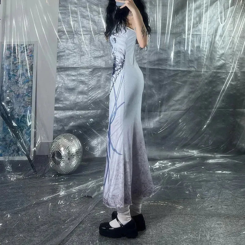 Mermaid Skeleton Butterfly Print Spaghetti Strap Bodycon Maxi Dress