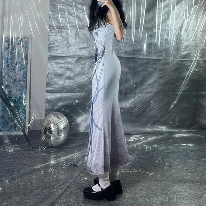 Mermaid Skeleton Butterfly Print Spaghetti Strap Bodycon Maxi Dress