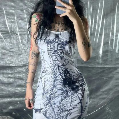 Mermaid Skeleton Butterfly Print Spaghetti Strap Bodycon Maxi Dress