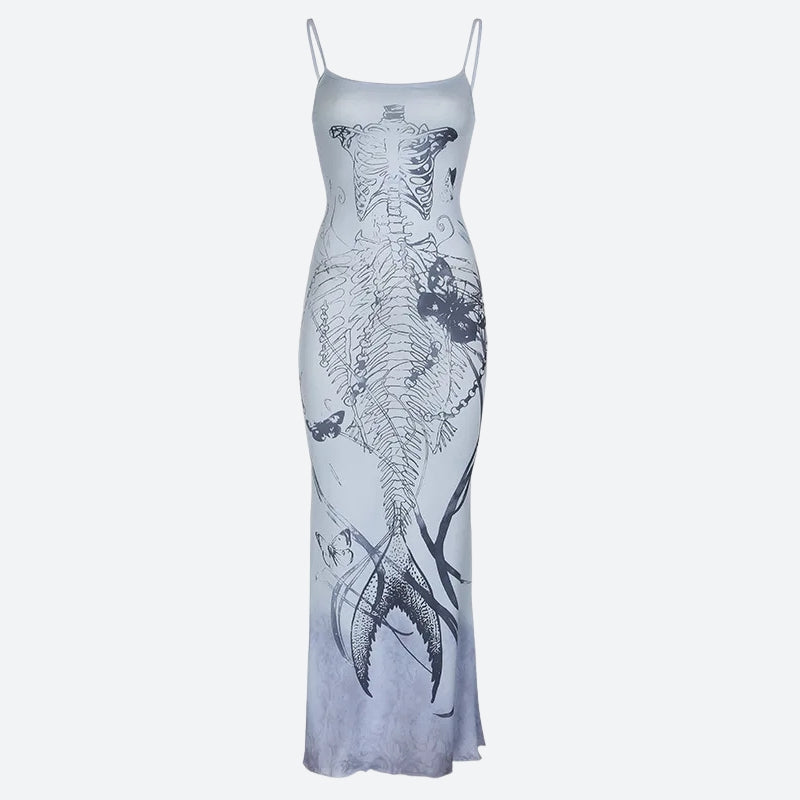 Mermaid Skeleton Butterfly Print Spaghetti Strap Bodycon Maxi Dress