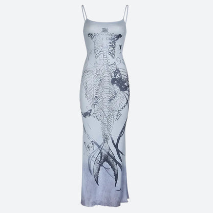 Mermaid Skeleton Butterfly Print Spaghetti Strap Bodycon Maxi Dress