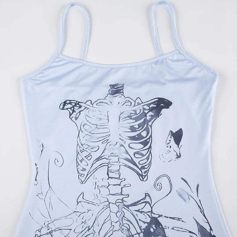 Mermaid Skeleton Butterfly Print Spaghetti Strap Bodycon Maxi Dress