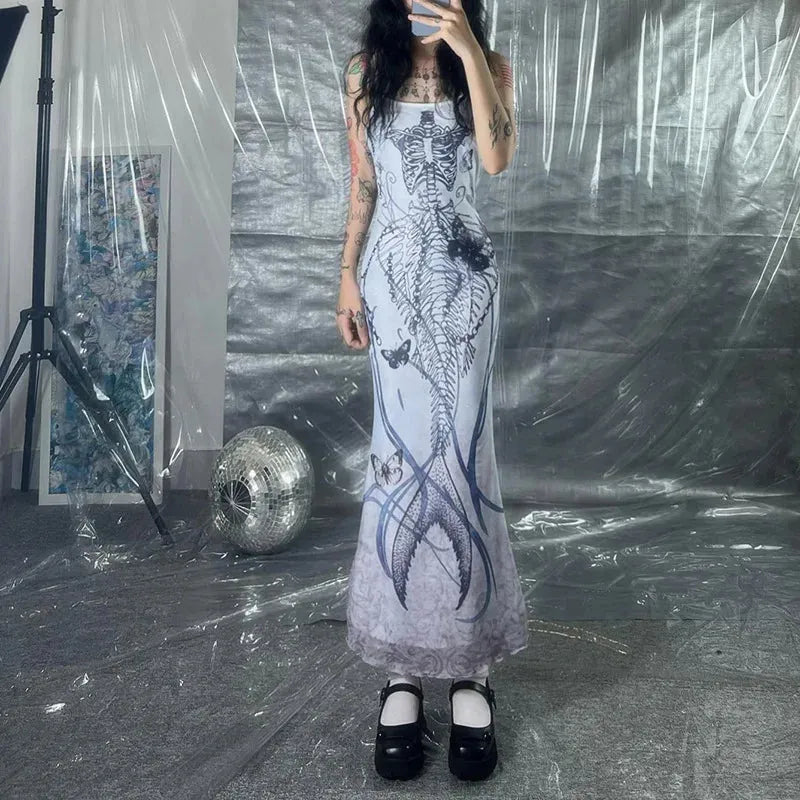 Mermaid Skeleton Butterfly Print Spaghetti Strap Bodycon Maxi Dress