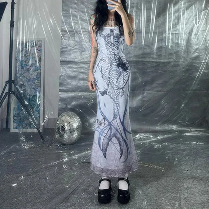 Mermaid Skeleton Butterfly Print Spaghetti Strap Bodycon Maxi Dress