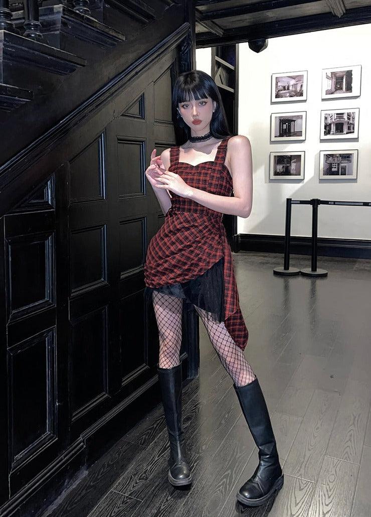 Plaid Corset Square Neck Ruched Draped Mesh Trim Asymmetrical Mini Dress