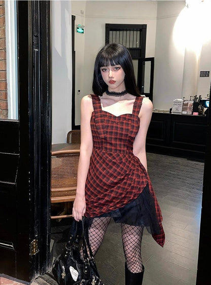 Plaid Corset Square Neck Ruched Draped Mesh Trim Asymmetrical Mini Dress
