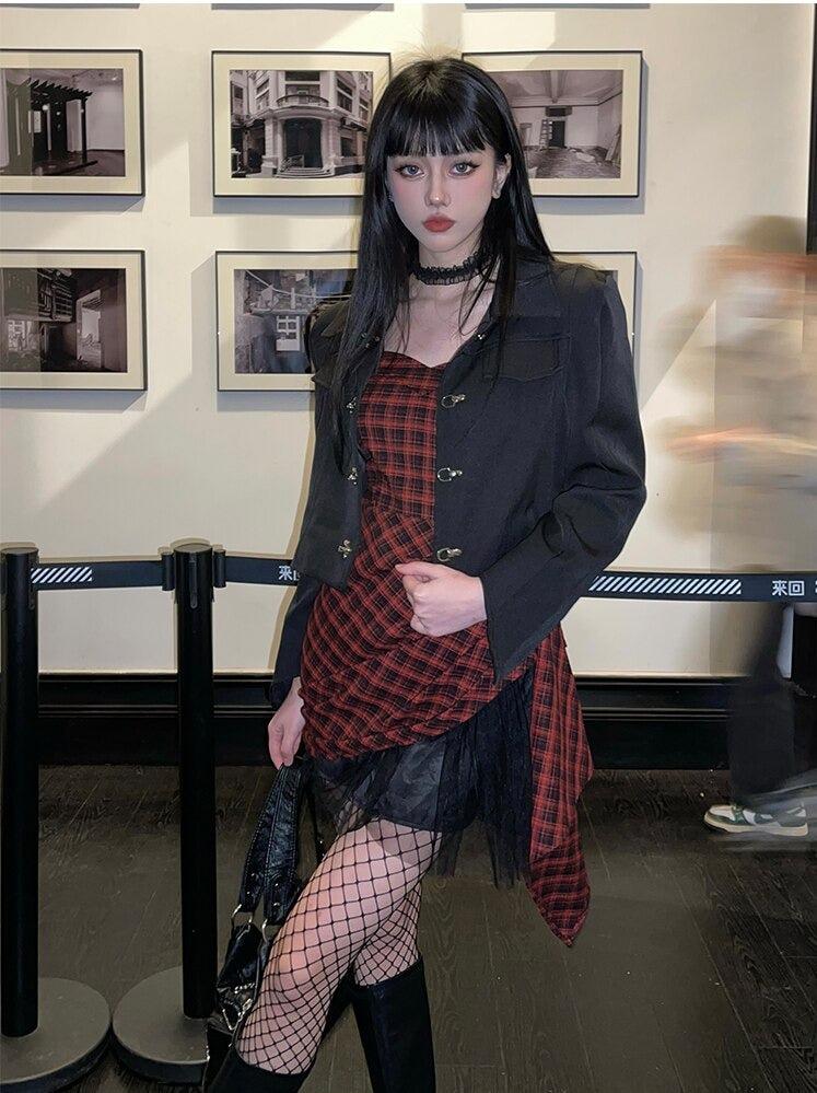 Plaid Corset Square Neck Ruched Draped Mesh Trim Asymmetrical Mini Dress