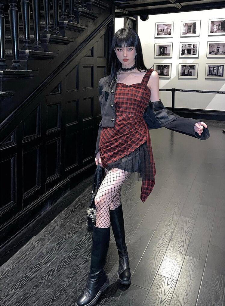Plaid Corset Square Neck Ruched Draped Mesh Trim Asymmetrical Mini Dress