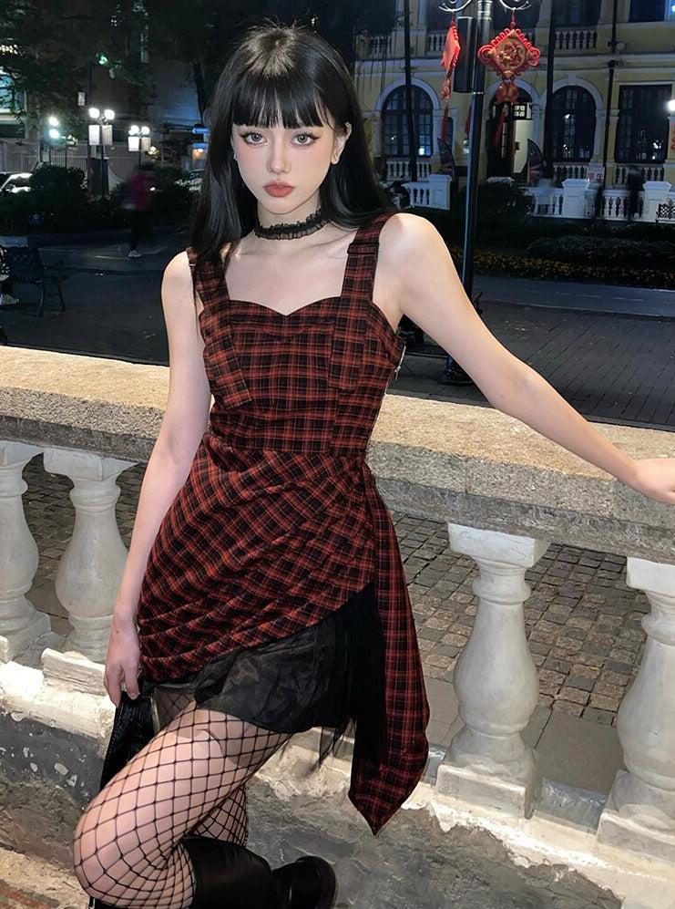Plaid Corset Square Neck Ruched Draped Mesh Trim Asymmetrical Mini Dress