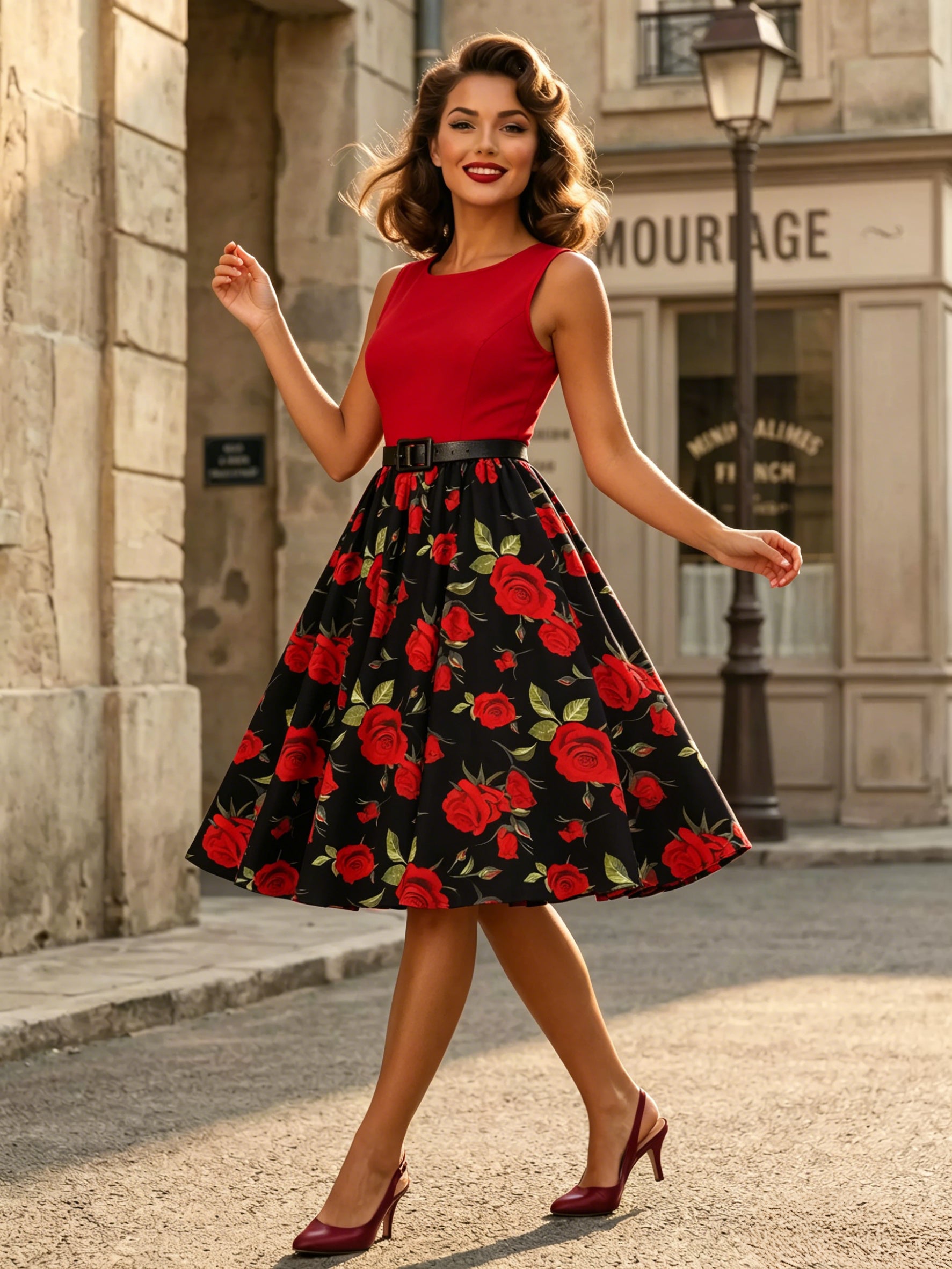 Vintage Dresses 1950s Swing Floral Swing Dress Sleeveless A-Line Tea Party Midi Dress