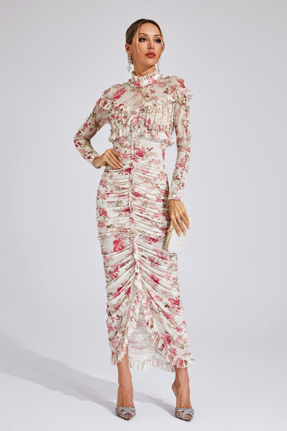 Gunter Pink Ruched Floral Long Sleeve Dress