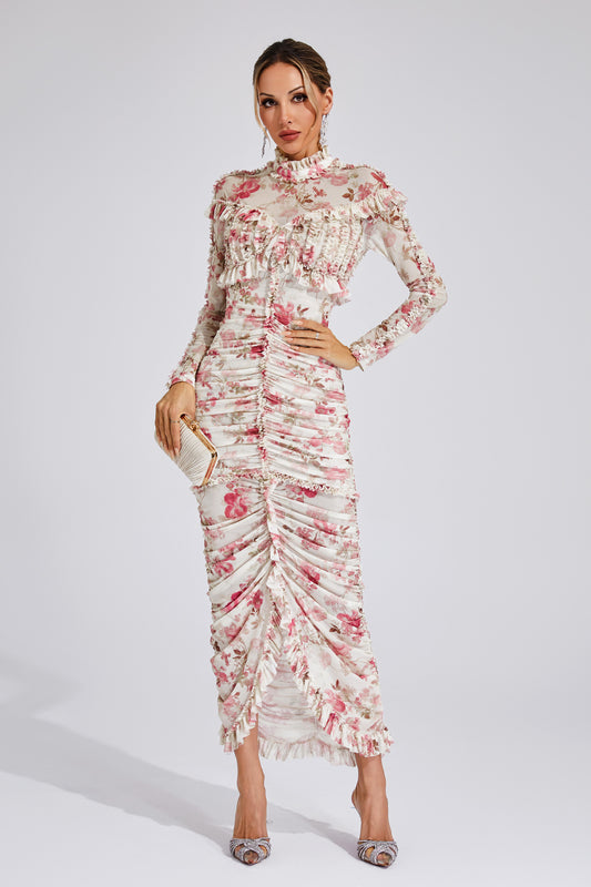 Gunter Pink Ruched Floral Long Sleeve Dress