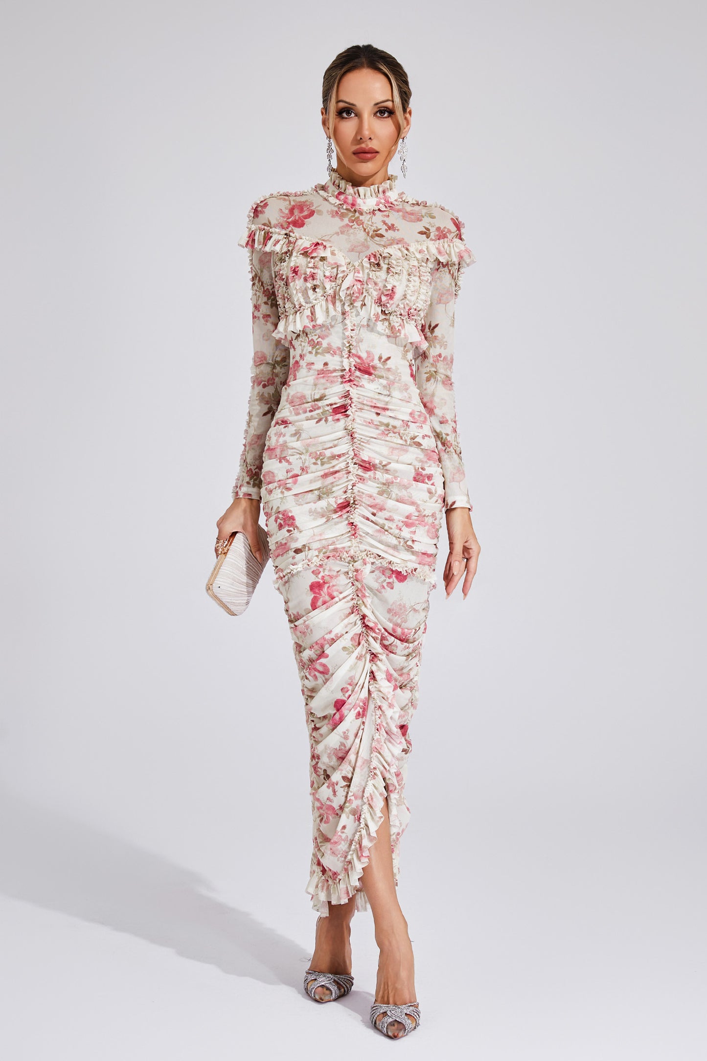 Gunter Pink Ruched Floral Long Sleeve Dress