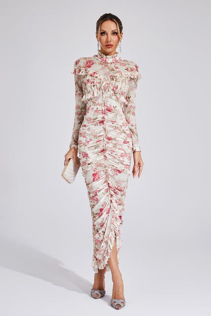 Gunter Pink Ruched Floral Long Sleeve Dress