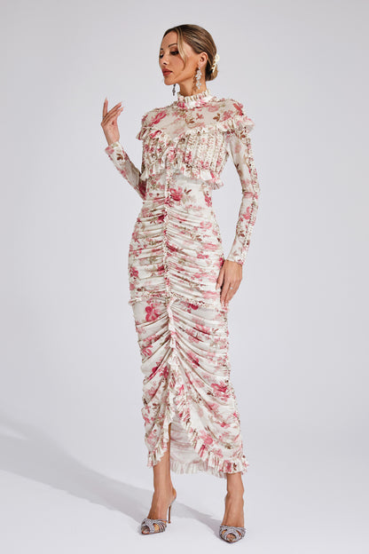 Gunter Pink Ruched Floral Long Sleeve Dress