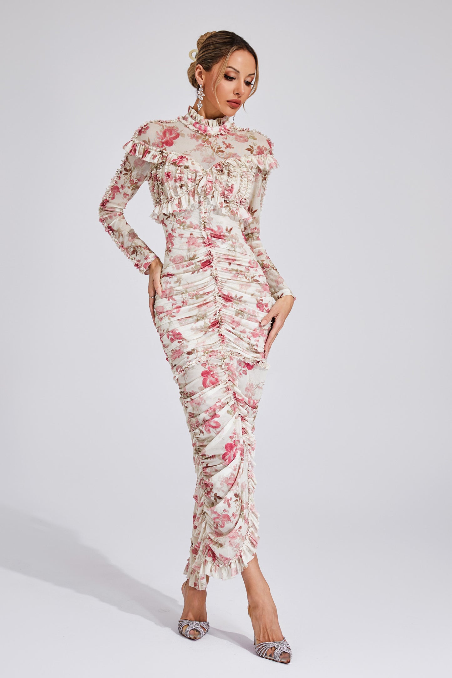 Gunter Pink Ruched Floral Long Sleeve Dress