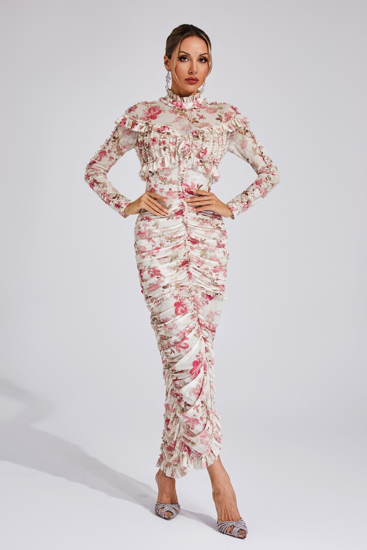 Gunter Pink Ruched Floral Long Sleeve Dress