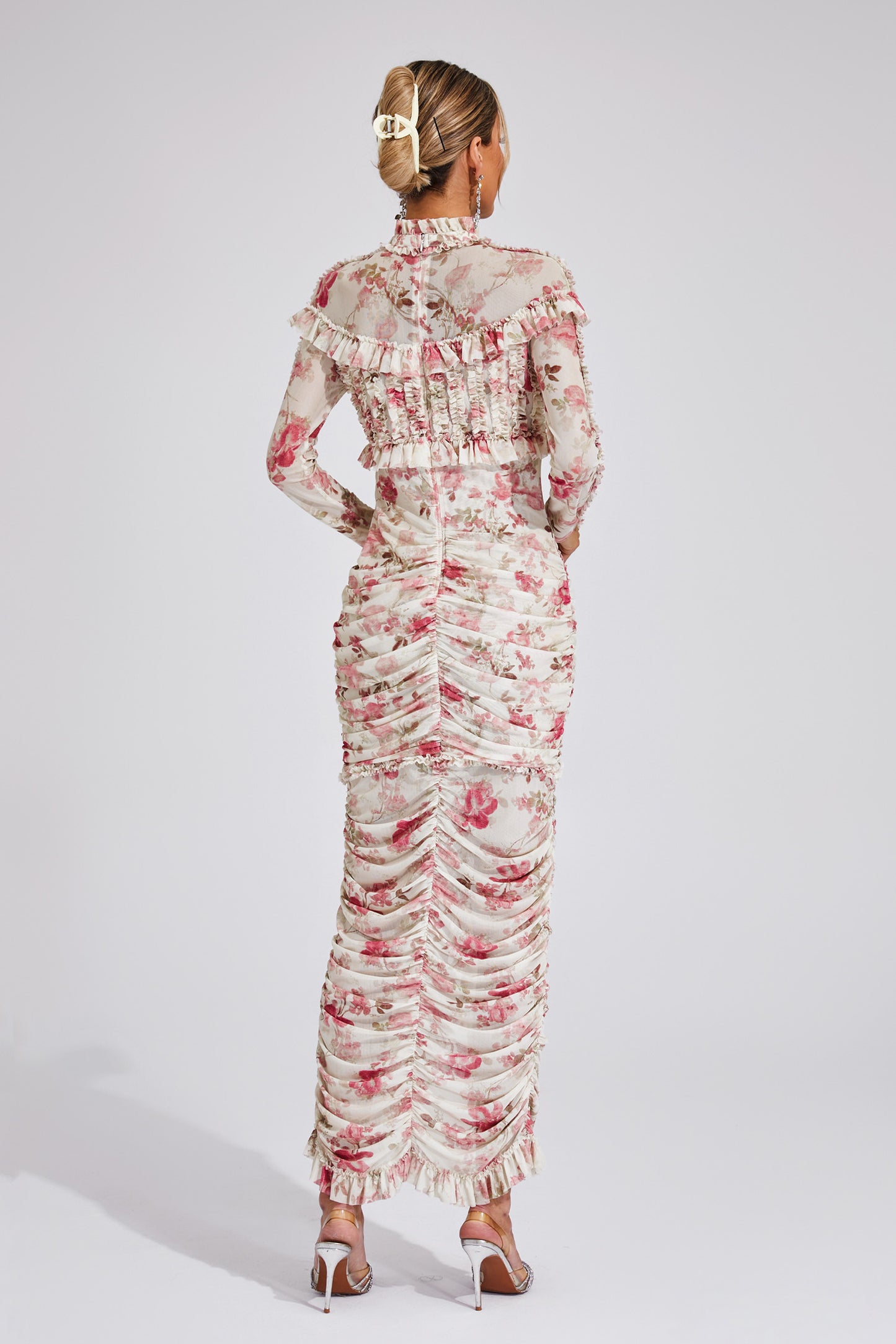 Gunter Pink Ruched Floral Long Sleeve Dress