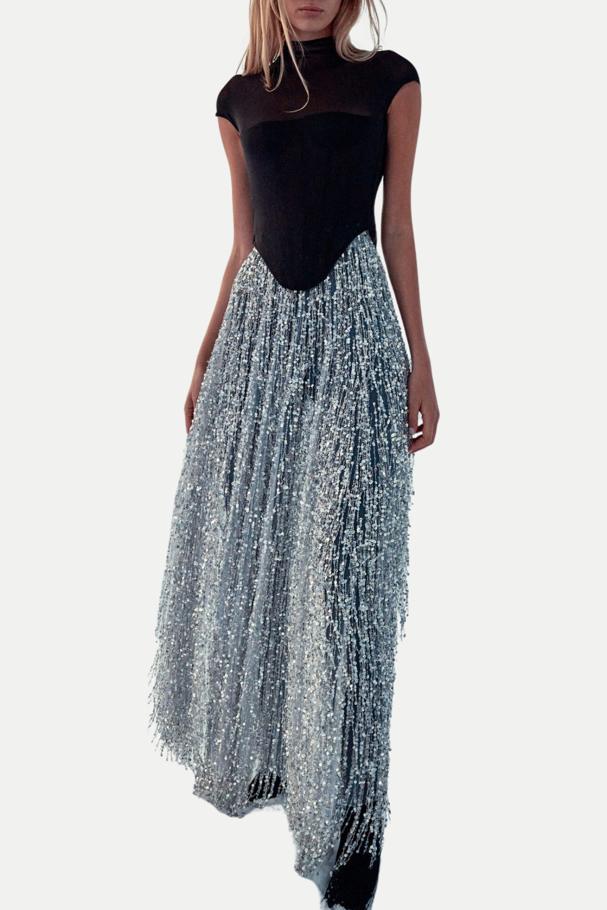 Guthrie Mesh Corset Fringe Sequin Dress Two Piece Set