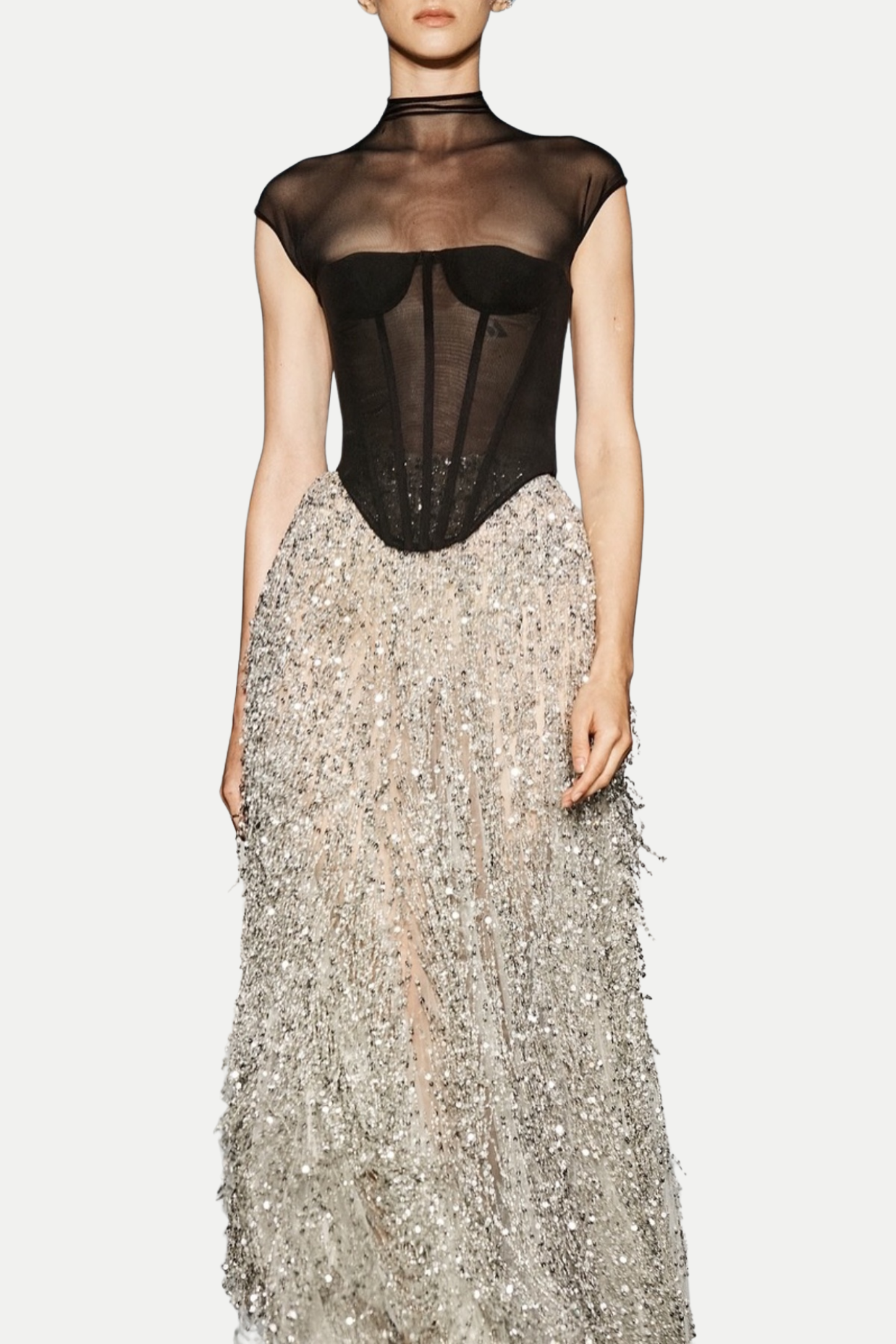 Guthrie Mesh Corset Fringe Sequin Dress Two Piece Set