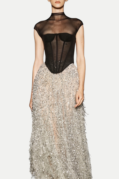 Guthrie Mesh Corset Fringe Sequin Dress Two Piece Set