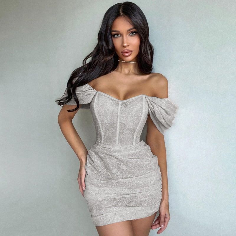 Off Shoulder Corset Bustier Ruched Glitter Mini Dress