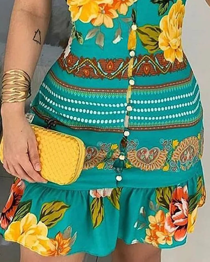 V-neck Buttoned Design Floral Print Dress