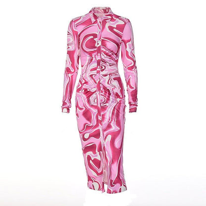 Collared V Neck Ruched Button Front Abstract Swirl Print Midi Dress