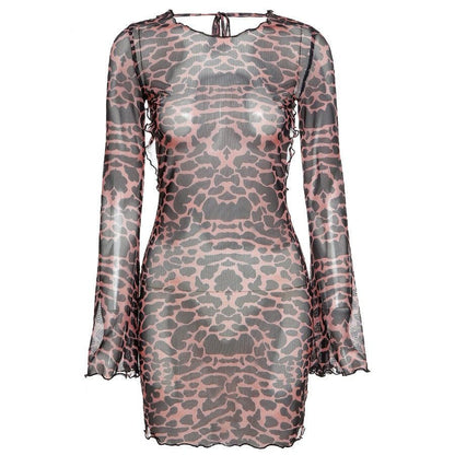 Mesh Backless Bell Sleeve Ruffle Hem Wildlife Print Mini Dress
