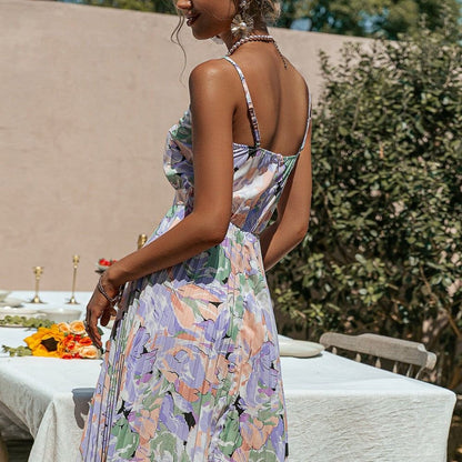 Botanical Floral Print V-Neck Spaghetti Strap Pleated Waistband Maxi Dress