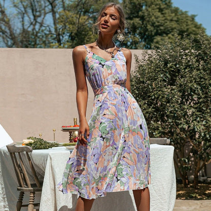 Botanical Floral Print V-Neck Spaghetti Strap Pleated Waistband Maxi Dress