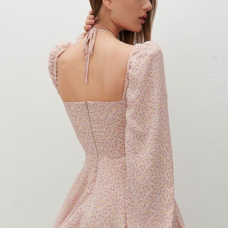 Sweetheart Neck Tie Front Puff Sleeve Floral Print A Line Mini Dress