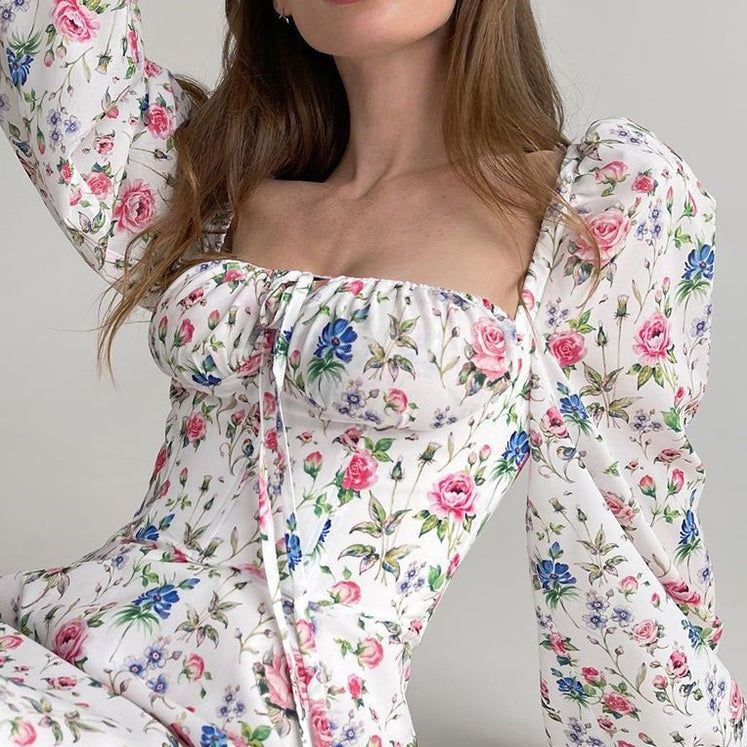 Sweetheart Neck Tie Front Puff Sleeve Floral Print A Line Mini Dress