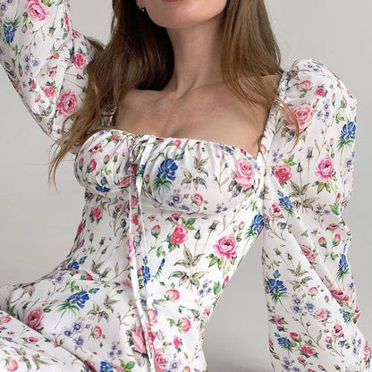 Sweetheart Neck Tie Front Puff Sleeve Floral Print A Line Mini Dress