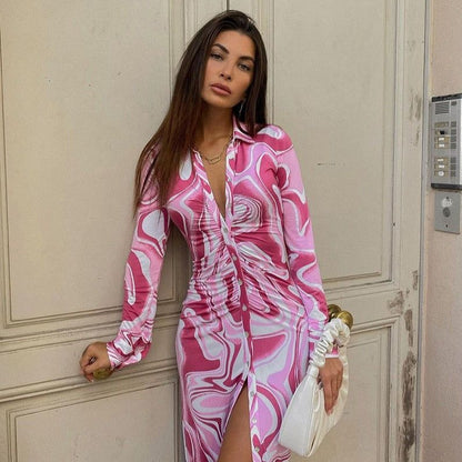 Collared V Neck Ruched Button Front Abstract Swirl Print Midi Dress