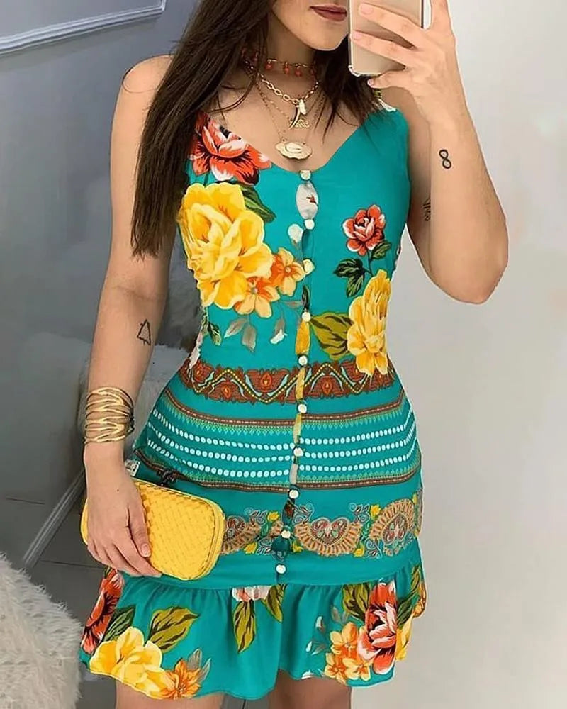 V-neck Buttoned Design Floral Print Dress