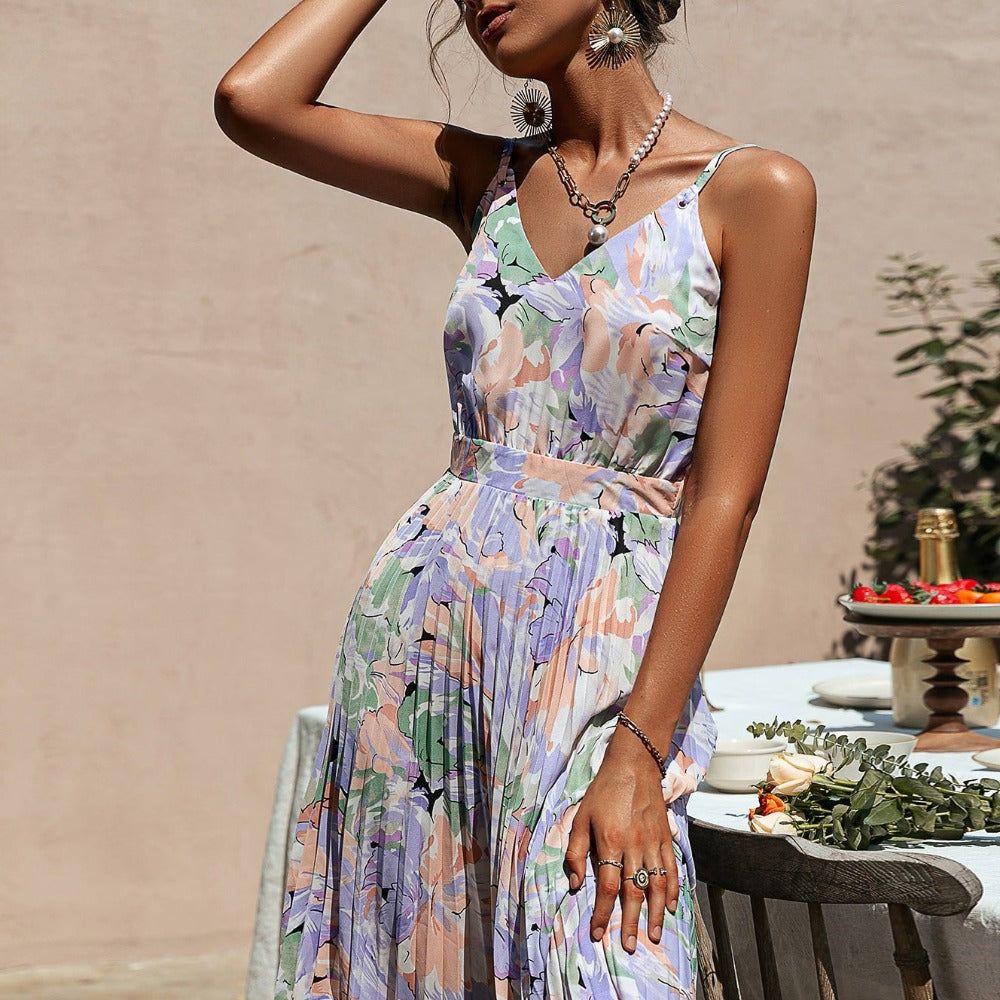 Botanical Floral Print V-Neck Spaghetti Strap Pleated Waistband Maxi Dress
