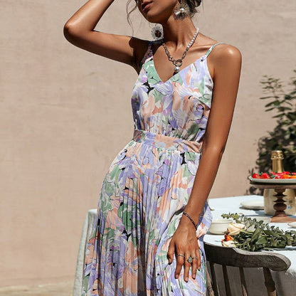 Botanical Floral Print V-Neck Spaghetti Strap Pleated Waistband Maxi Dress