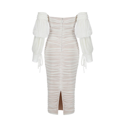 Off Shoulder Long Sleeve Wrinkled Midi Bandage Dress HB7780