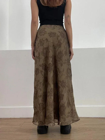 Autumn Long Skirt Vintage Floral Print Low Rise Skirt