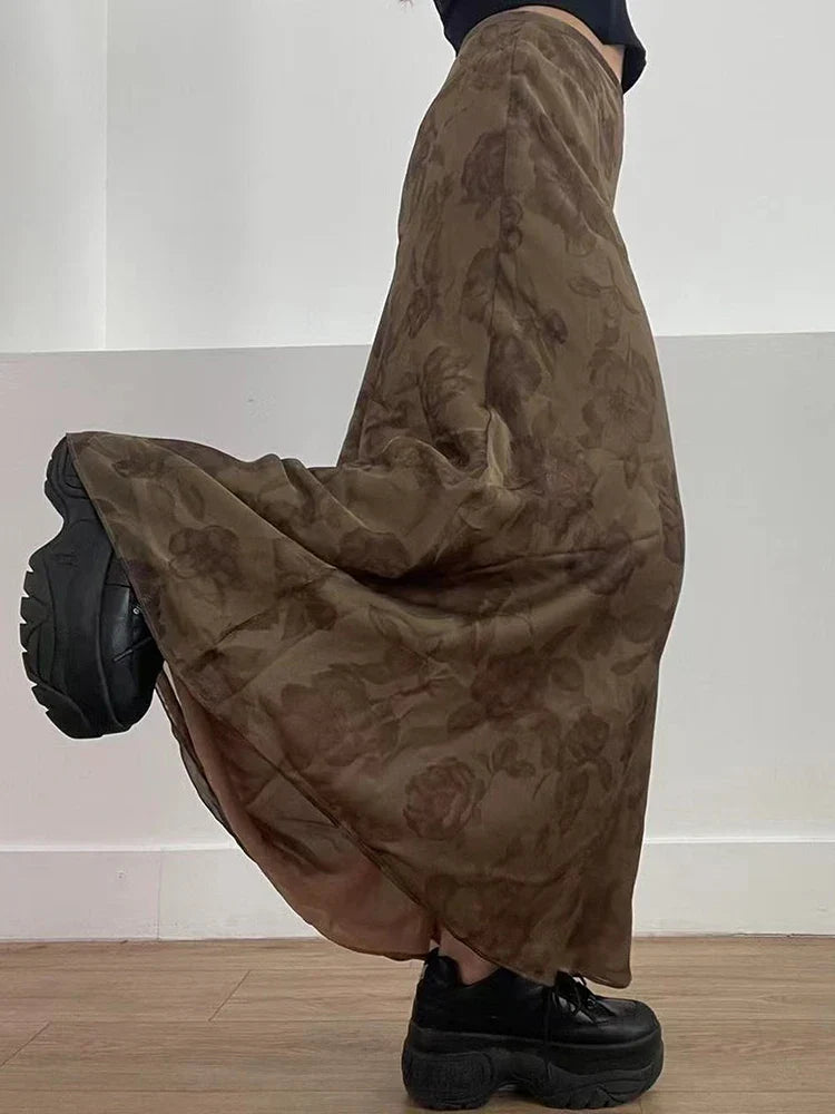 Autumn Long Skirt Vintage Floral Print Low Rise Skirt