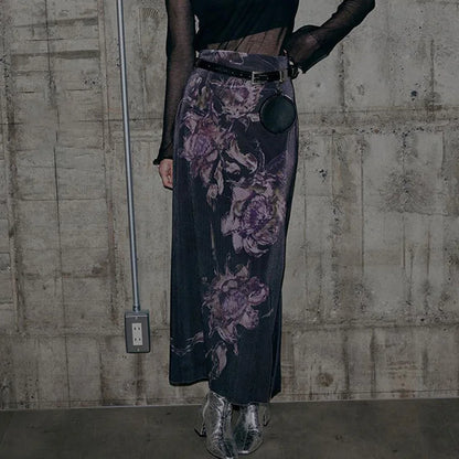 HEYounGIRL Vintage Purple Floral Print Slit Autumn Skirt