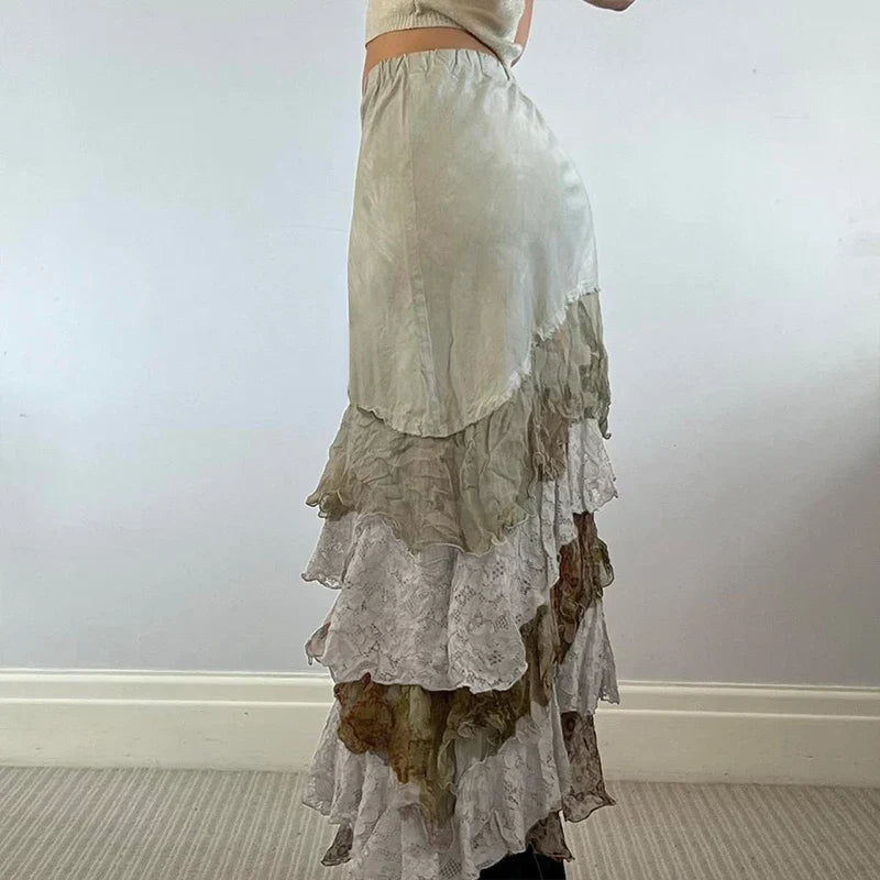HEYounGIRL Y2K Aesthetic Lace Tiered Irregular Skirt Mori Girl