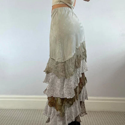 HEYounGIRL Y2K Aesthetic Lace Tiered Irregular Skirt Mori Girl