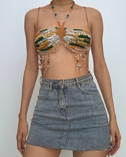 Halter beaded hollow out backless tassels cut out top